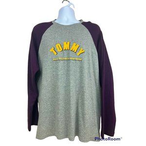 Vintage Y2K Tommy Hilfiger Men Raglan Shirt XL Embroidered Spell Out Purple Gray